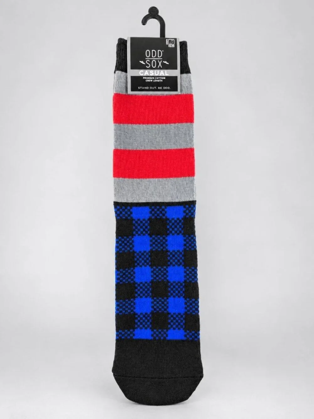 Odd Sox Mens 8-12 Dress Socks Large Grey Red Stripe with Blue Plaid - NEW